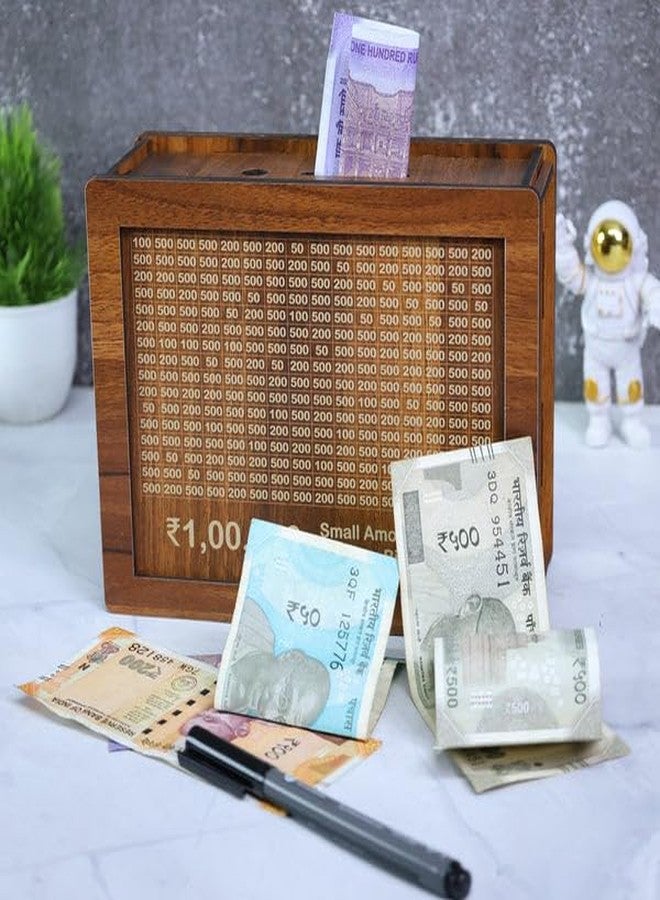 TRIVYOM Cash Vault Wooden Savings Box || Wooden Cash Saver Money Box || Wooden Piggy Bank with Easy Tracking of Savings || 1,00,000 Rupees Money Saving Piggy Bank || Reusable Piggy Bank - Image 1